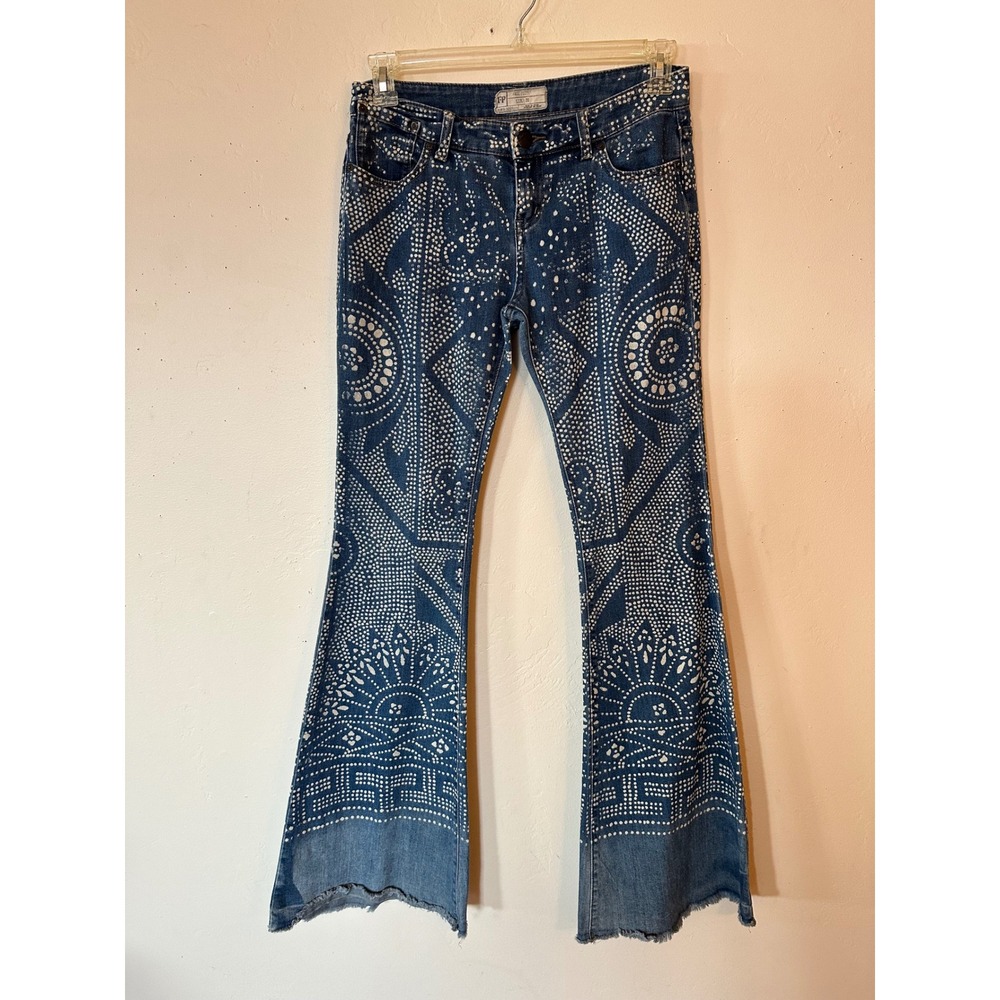 Free People Low Rise Flare Jeans Dotted Geometric Print Size 26 Blue Boho Denim